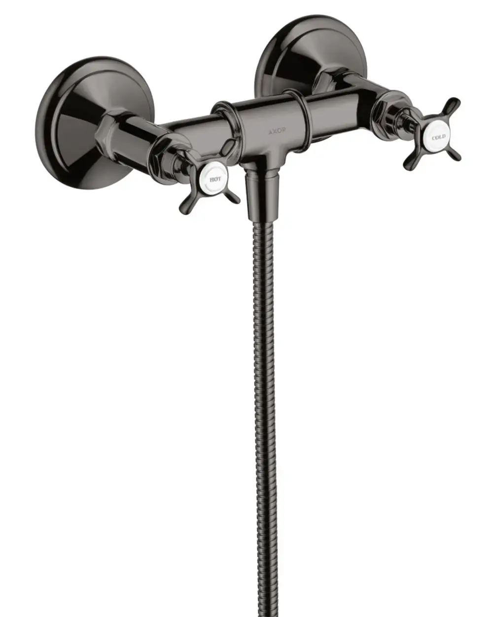 Zwei-Hand-Brausearmatur von AXOR in Polished Black Chrome mit Kreuzgriffen, inklusive flexibler Schlauchverbindung. Ideal für die Wandmontage in Badezimmern.